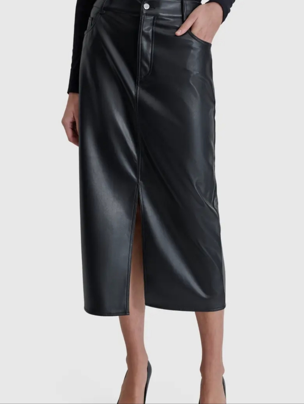 Black Faux Leather Skirt with Front Seam